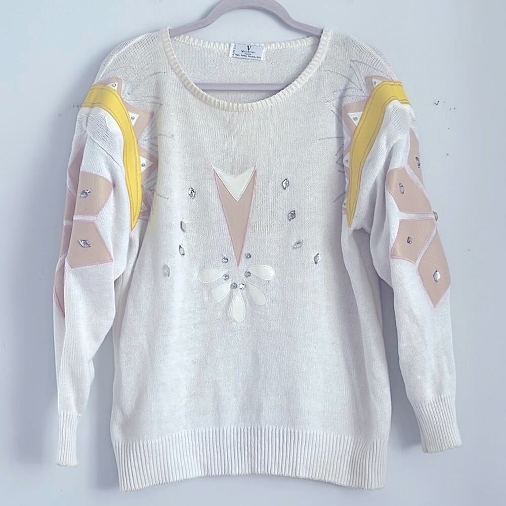 Vintage 80’s 90’s Valentino pure silk leather appliqué rhinestone knit sweater